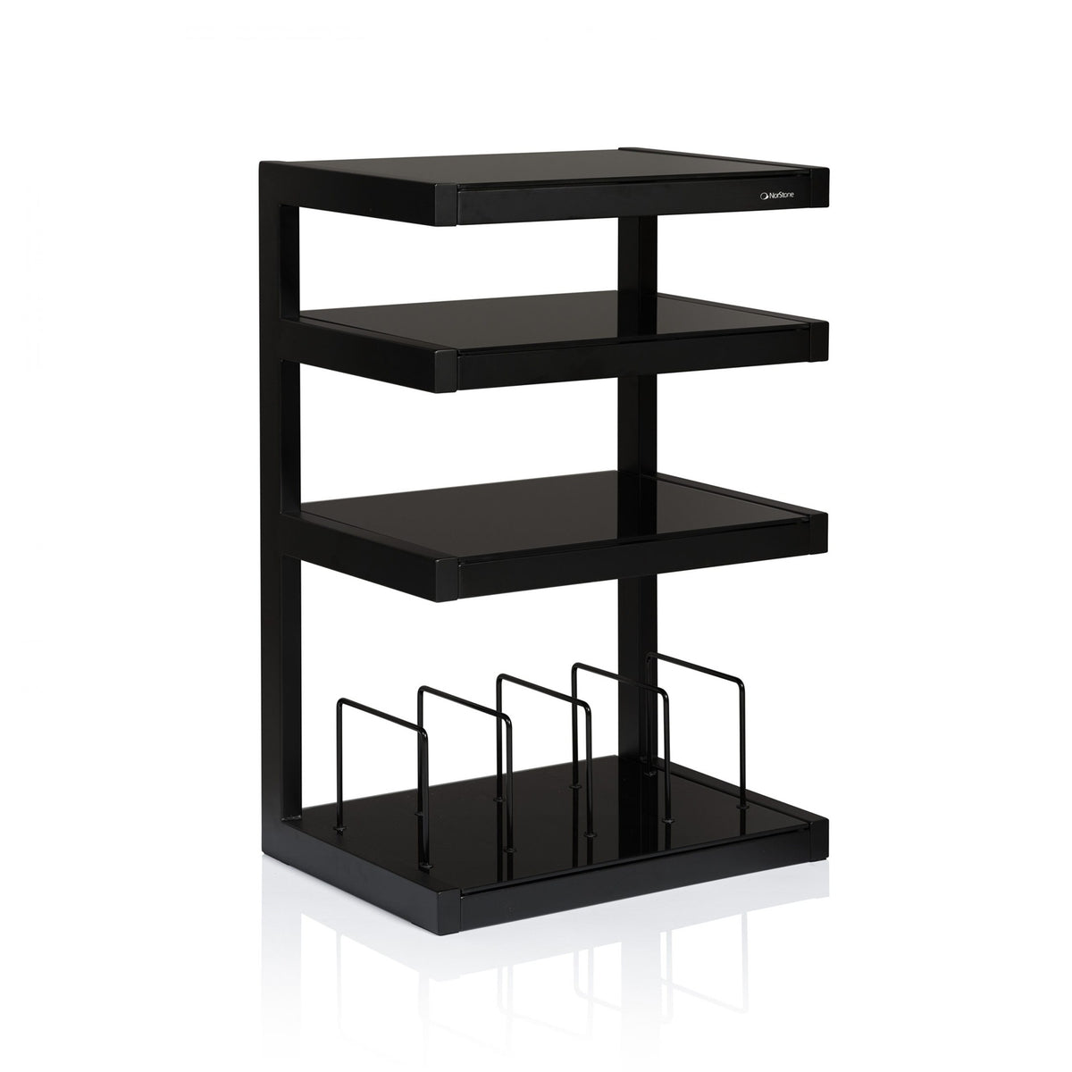 NorStone Esse HiFi Vinyl met zwart stalen frame en zwarte glazen legplanken