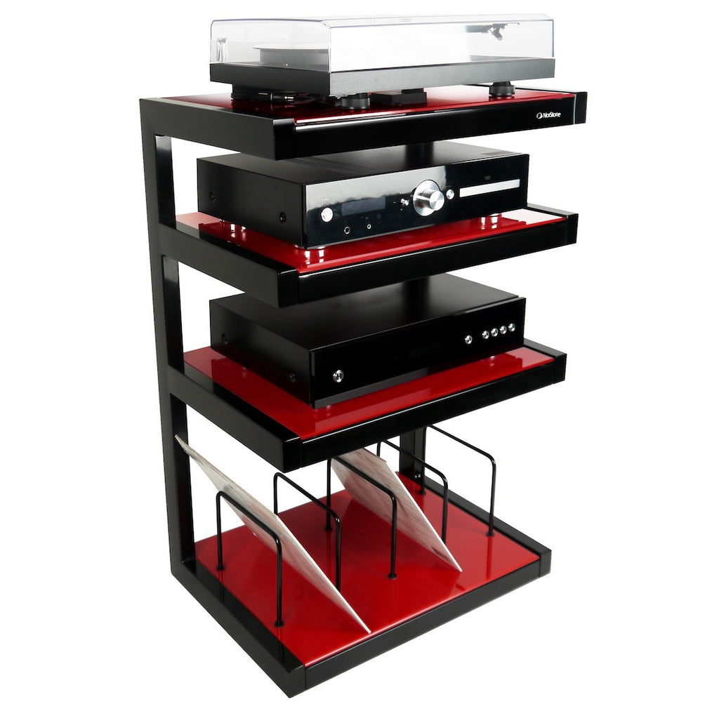 NorStone Esse HiFi Vinyl met zwarte constructie en rode glazen legplanken