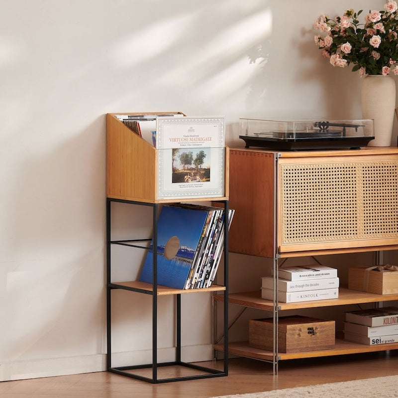 Compacte NorStone platenkast met twee opbergvakken voor een vinylcollectie