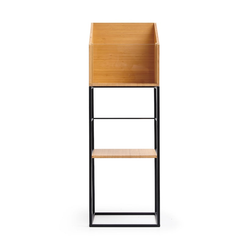 Detail van het natuurlijke bamboe en zwarte metalen frame van de NorStone Vinyl LP Stand