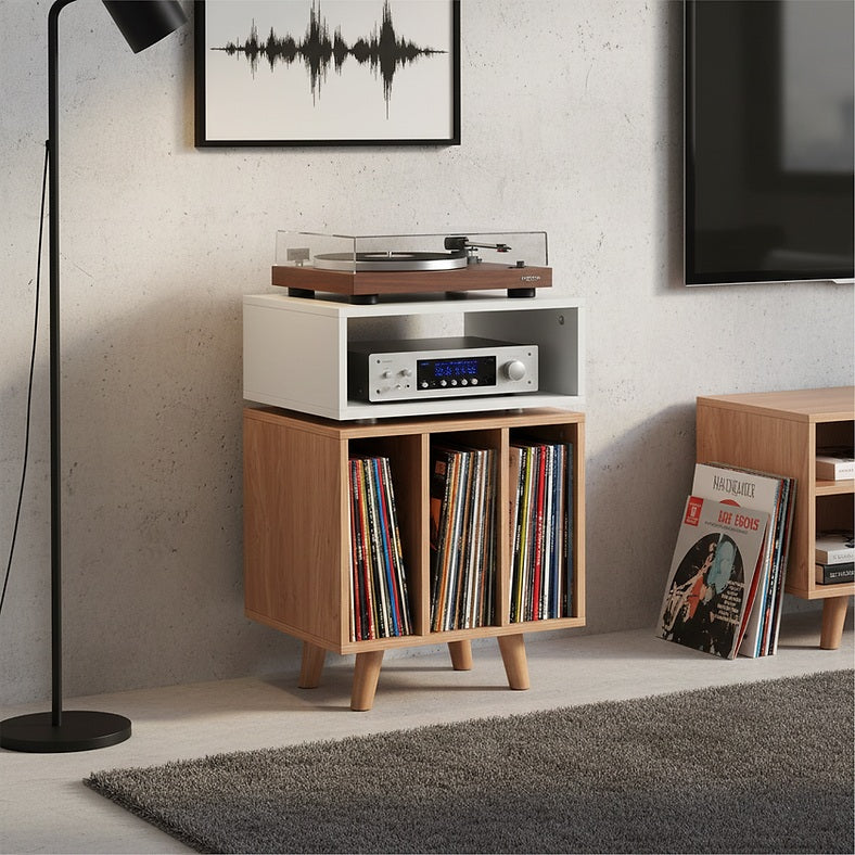 NorStone Stockholm 700 in wit met licht eiken, compact meubel voor LP's en audioapparatuur.