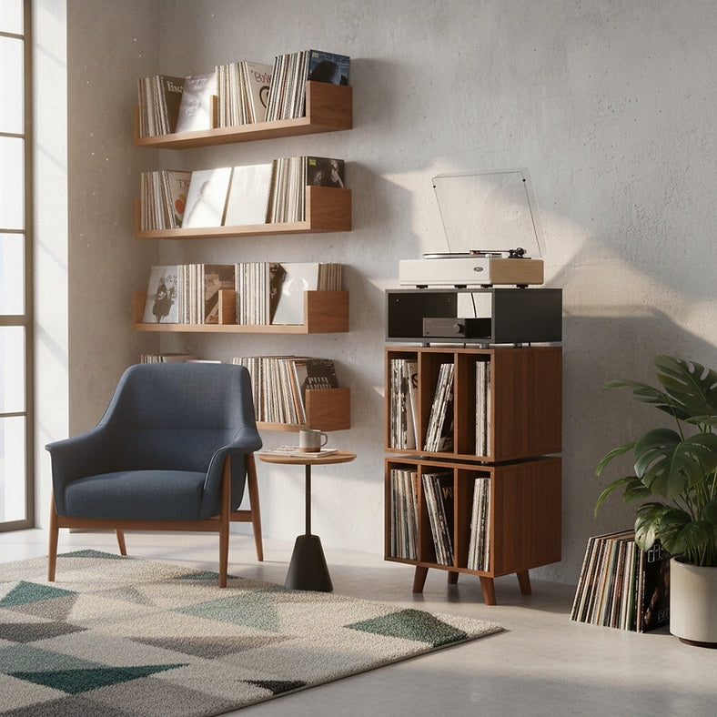 NorStone Stockholm 1100 hoge platenkast in zwart met walnoot voor LP's en platenspeler.